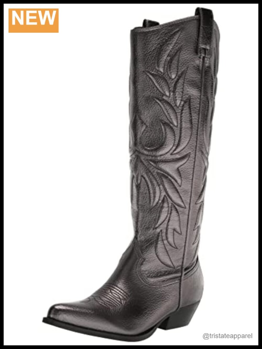 Knee High Cowboy Boots Pointed Toe Embroidered Pull On Leather